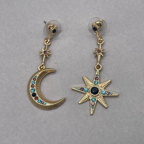Moon & Star Multicolor Rhinestone Long Dangle Drop Earrings Gold Tone - Picture 2 of 7
